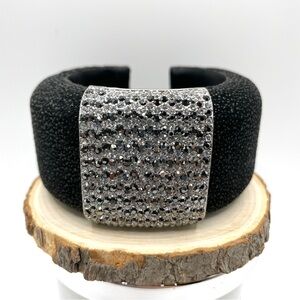 Chunky Contemporary Black & Crystal Statement Wide Cuff Bracelet
